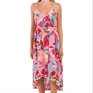 Laundry by Shelli Segal Tropical Floral Tie Waist High-Low A-Line Midi D…